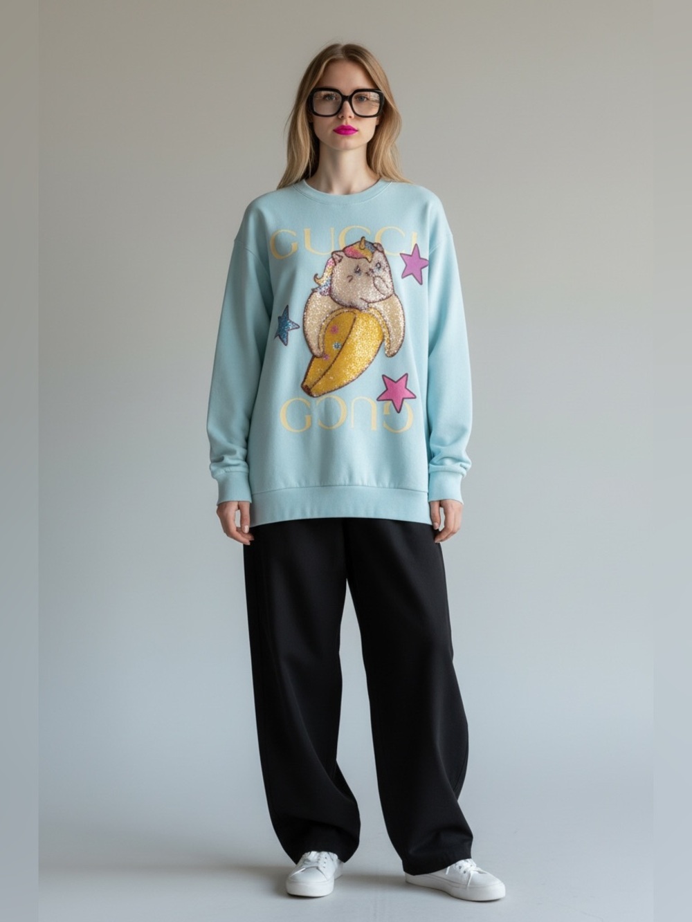 Gucci Light Blue Embellished Cat & Banana Sweatshirt